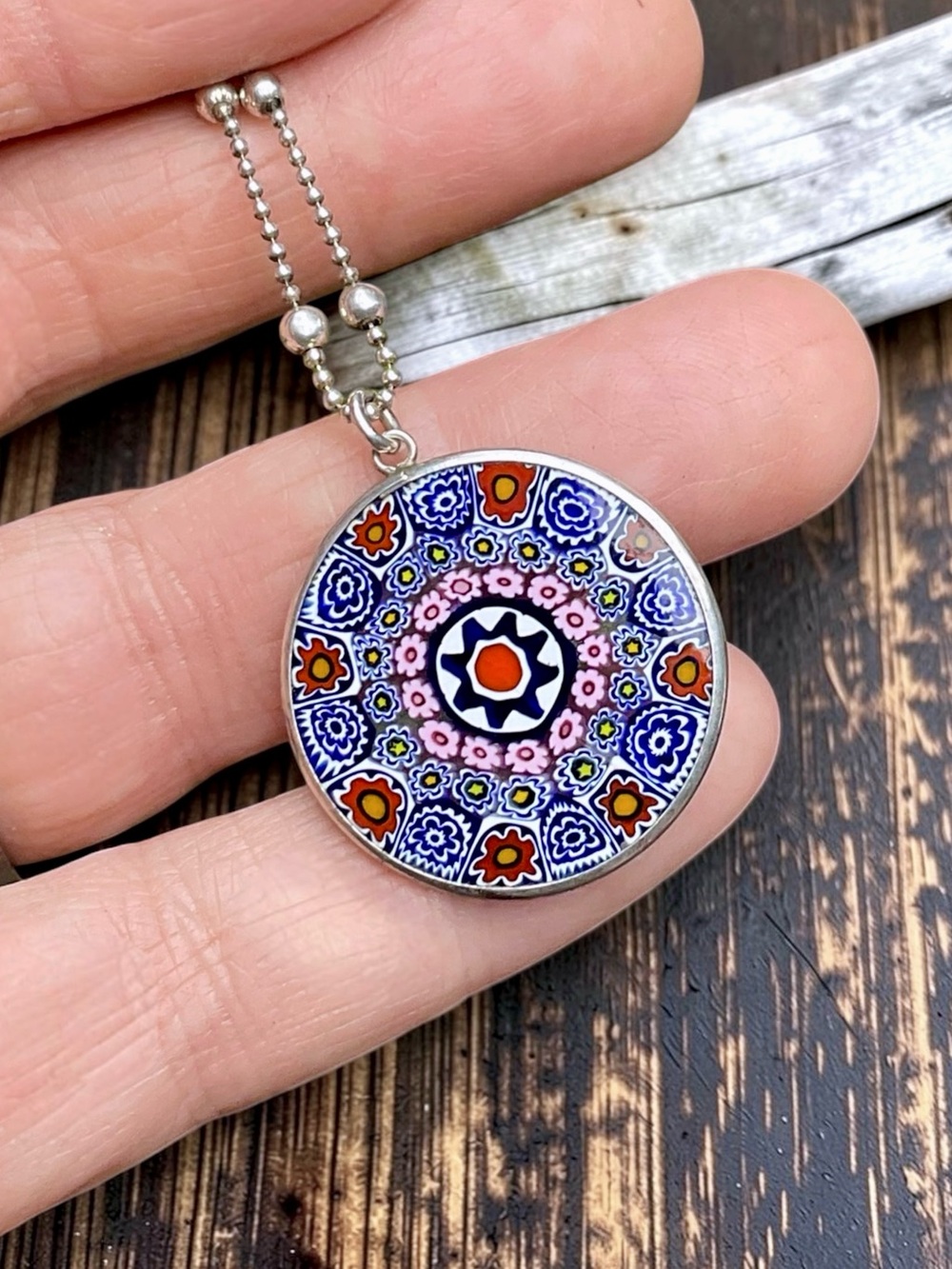 🌺Vintage Sterling & Millefiori Glass Necklace